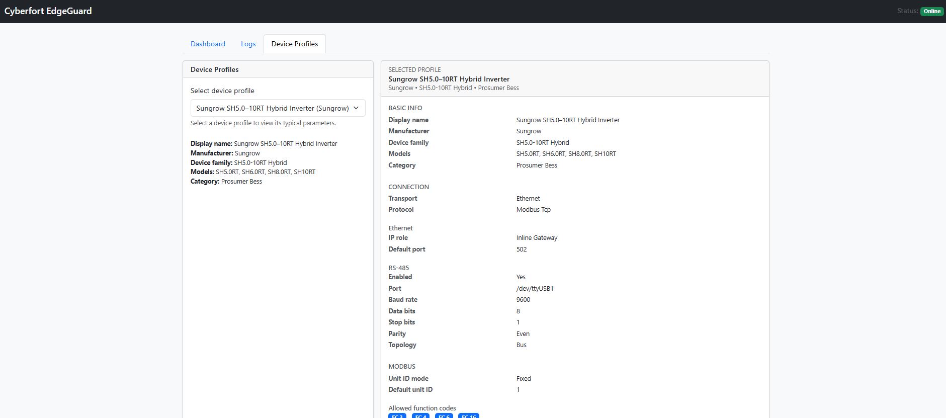 EdgeGuard Device Profiles tab — Sungrow SH5.0-10RT Hybrid Inverter with Modbus, RS-485, and connection parameters